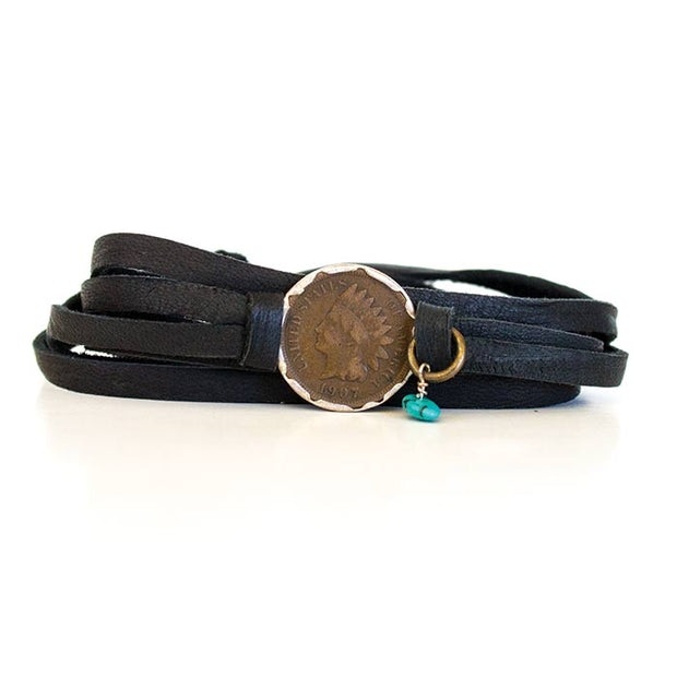 Deerskin Leather Wrap  Indian Head Bracelet Black