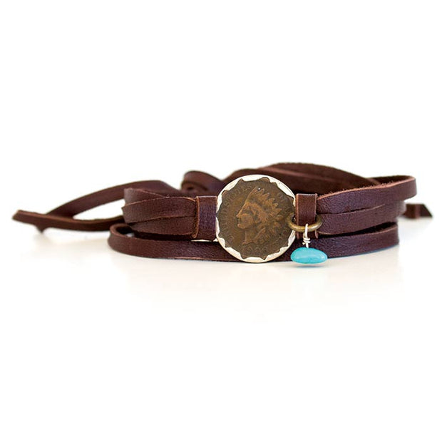 Deerskin Leather Wrap Indian Head Bracelet Brown