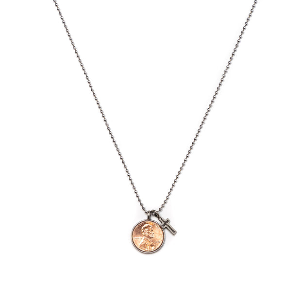 Penny from Heaven Single Penny Necklace on Ball Chain with Cross Charm. Select a custom year for an additional $10