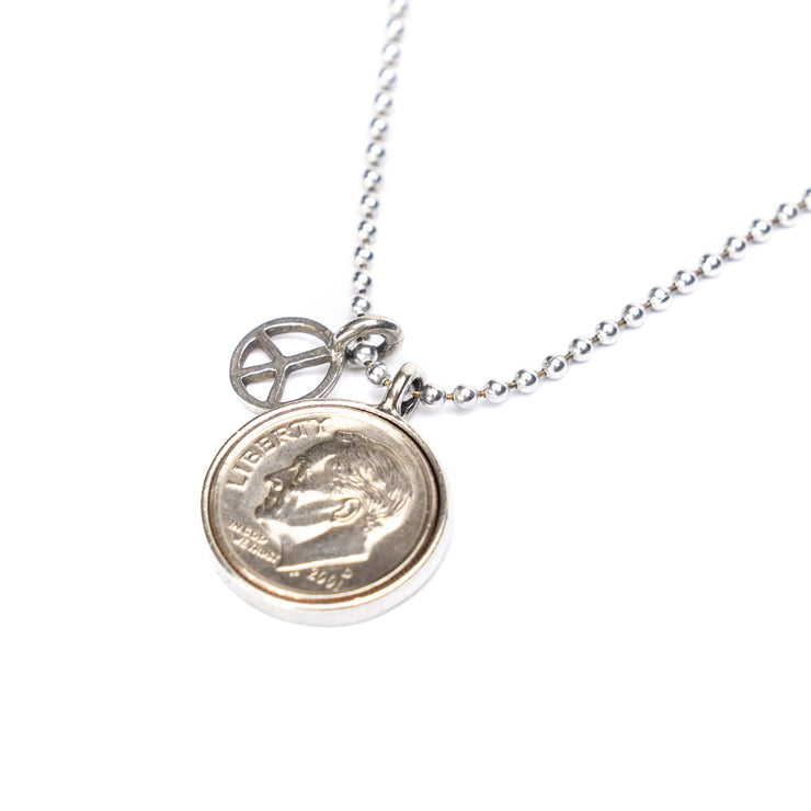 Heavenly Dime With Peace Charm Necklace on 24" ball chain.