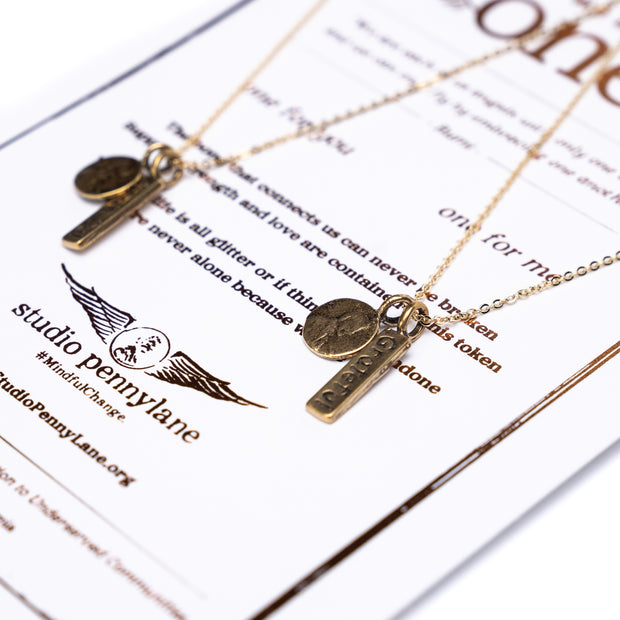 Friendship Necklace with 2 Petite Penny and Grateful word Charm Necklaces in Yellow Bronze