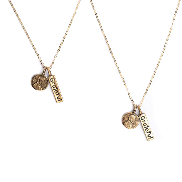 Friendship Necklace with 2 Petite Penny and Grateful word Charm Necklaces in Yellow Bronze