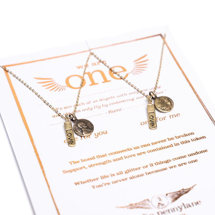 Friendship Necklace with 2 Petite Penny and Love word Charm Necklaces in Yellow Bronze