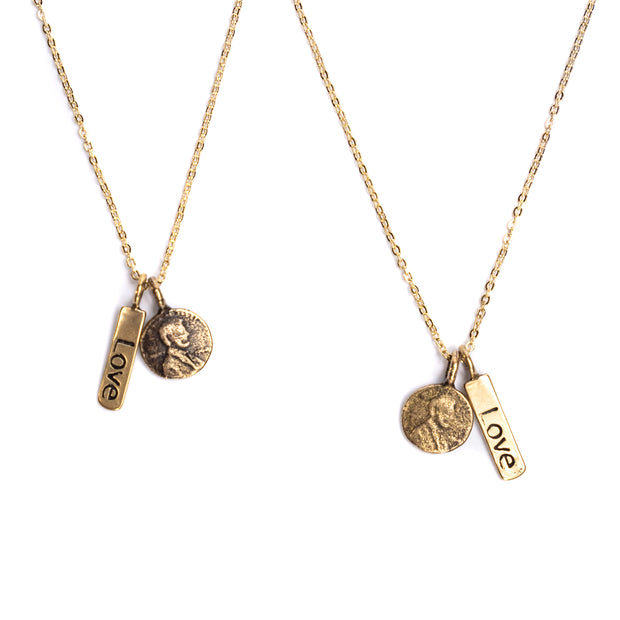 Friendship Necklace with 2 Petite Penny and Love word Charm Necklaces in Yellow Bronze