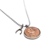 Penny from Heaven Single Penny Necklace on Ball Chain with Wishbone Charm.  Select custom year in drop down menu for additional $10.00