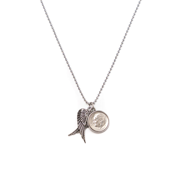 Heavenly Dime Necklace with Resting Wings on Ball Chain
