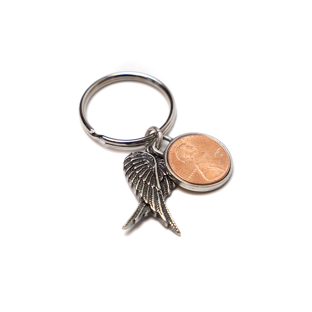 Penny from Heaven Key Chain with Resting Wings.  Select your year in drop down menu for an additional $10