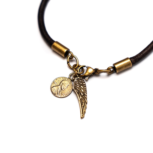 Round Leather Bracelet with Petite Penny and Wing