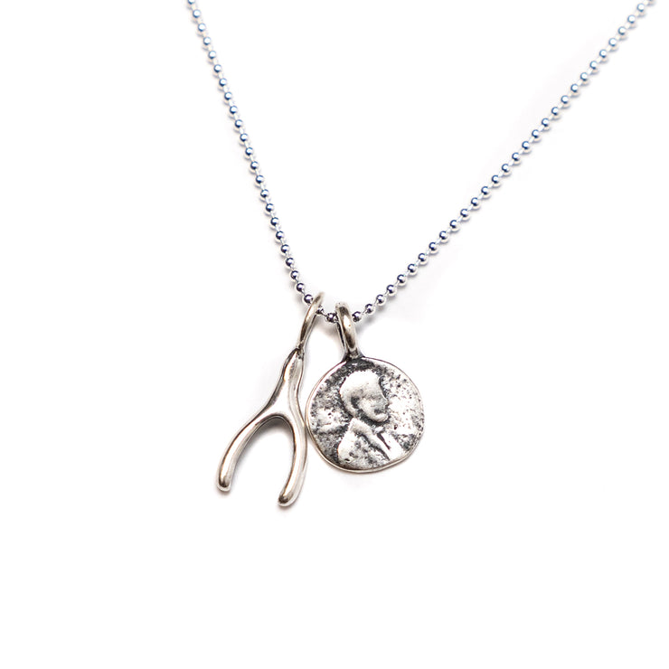 Sterling Silver Petite Penny From Heaven Necklace with Sterling Wishbone Charm