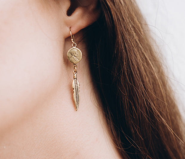 Petite Penny Earrings with Feather Yellow Bronze