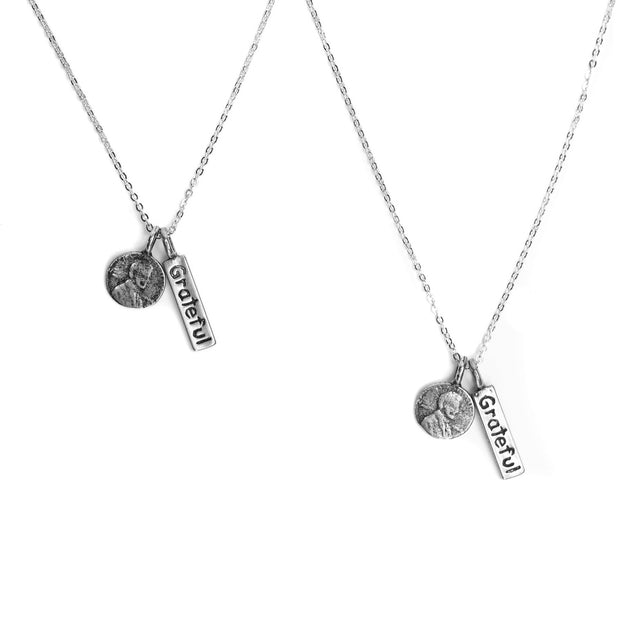 Friendship Necklace with 2 Petite Penny and Grateful word Charm Necklaces in White Bronze.