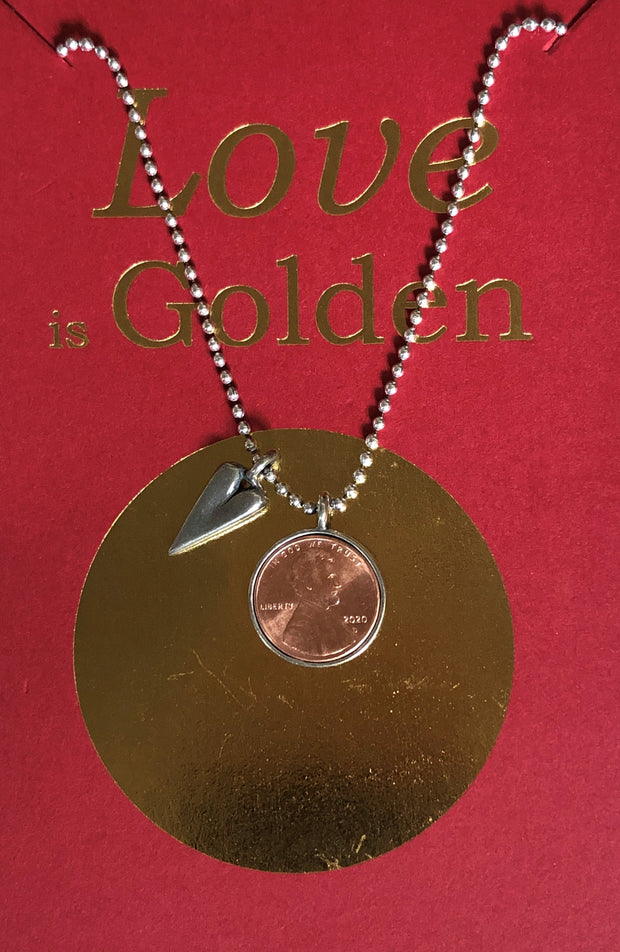Love is Golden Penny with Heart Pendant