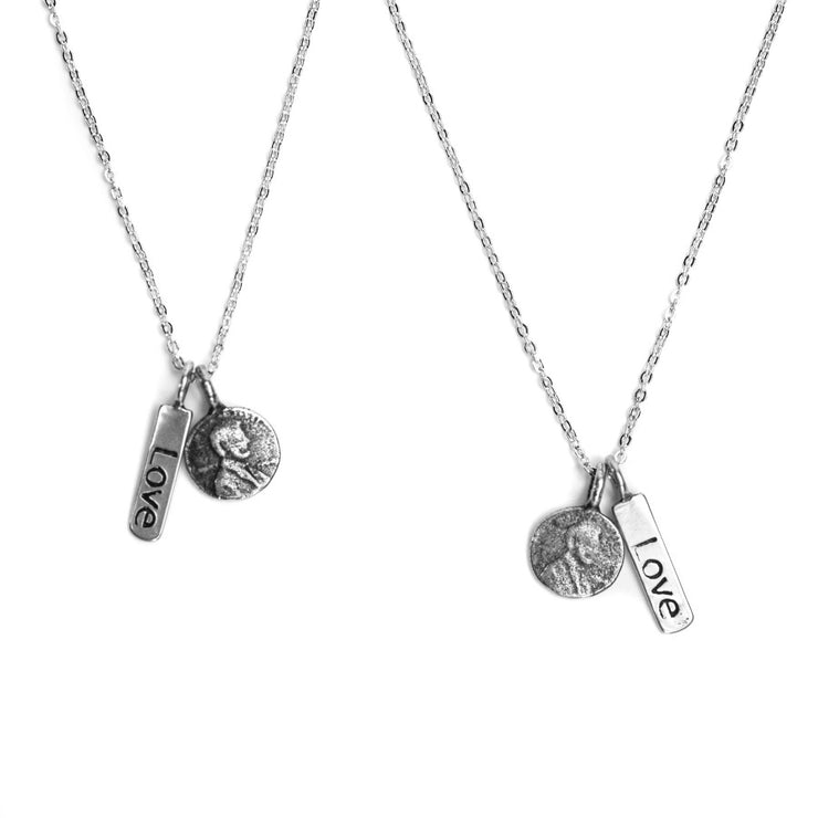 Friendship Necklace with 2 Petite Penny and Love word Charm Necklaces in White Bronze