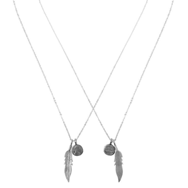 Friendship Necklace with 2 Petite Penny and Feather Necklaces in White Bronze