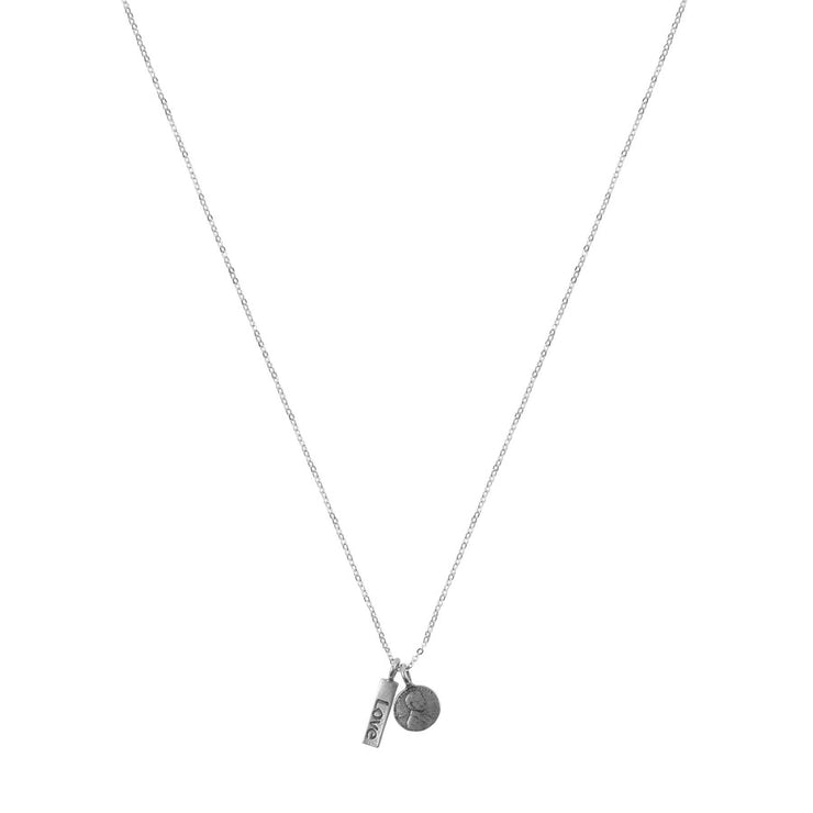 Penny From Heaven Love word charm Necklace.  White Bronze