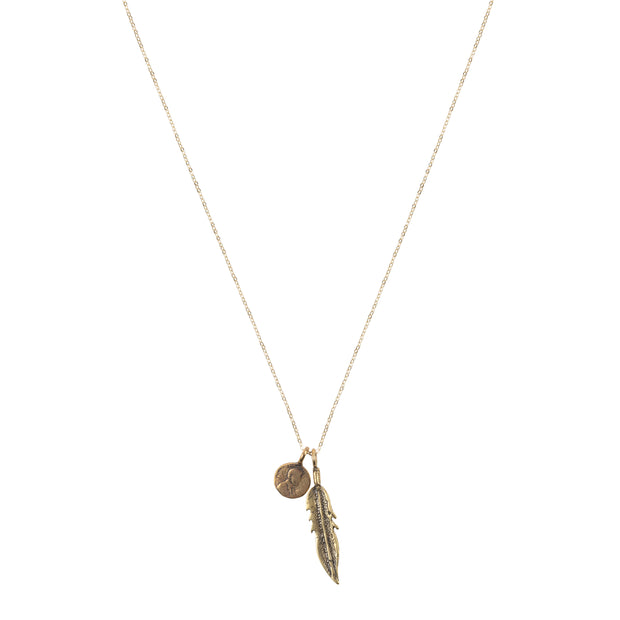 Petite Penny From Heaven with Feather Necklace. Yellow Bronze