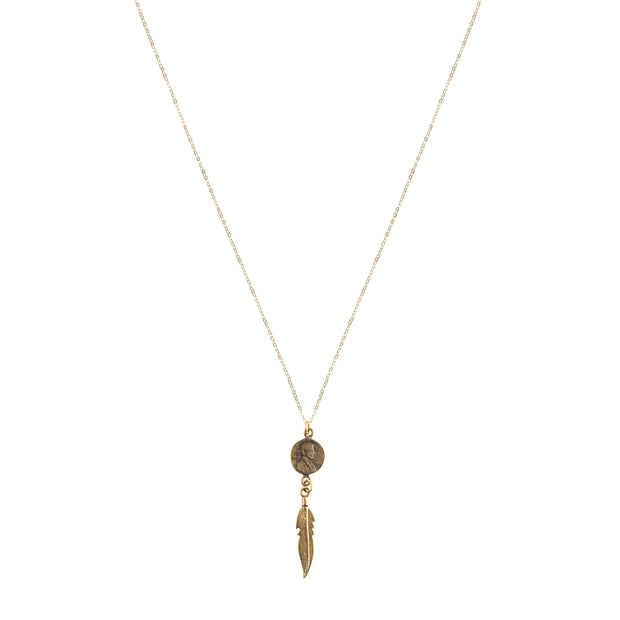 Petite Penny with Dangling Feather Necklace Yellow Bronze