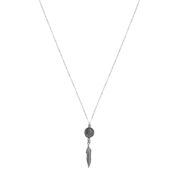 Petite Penny From Heaven with Dangling Feather Charm. White Bronze