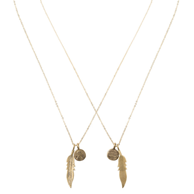 Friendship Necklace with 2 Petite Penny and Feather Necklaces in Yellow Bronze