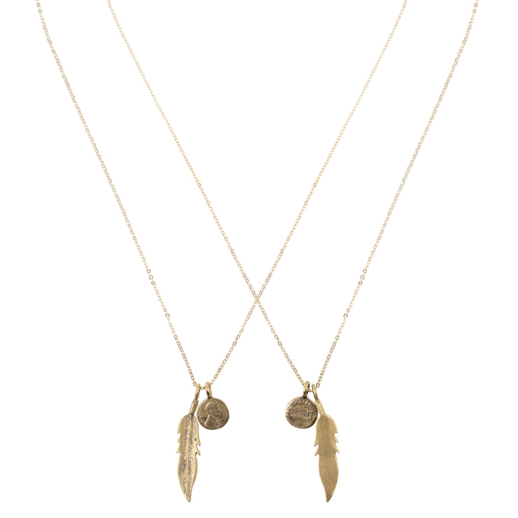 Friendship Necklace with 2 Petite Penny and Feather Necklaces in Yellow Bronze