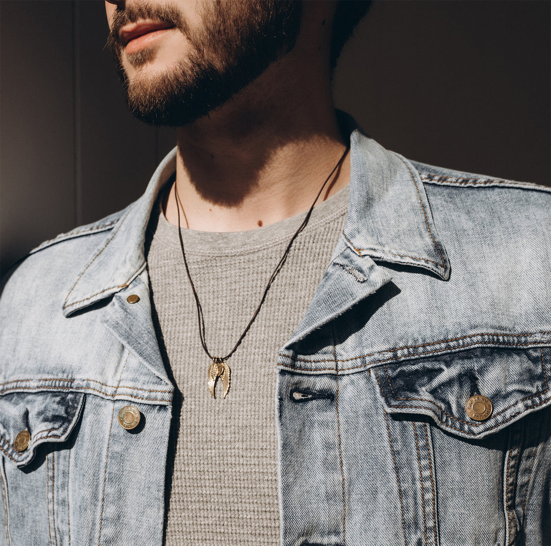 Petite Penny and Wings Necklace Yellow Bronze on Leather Cord