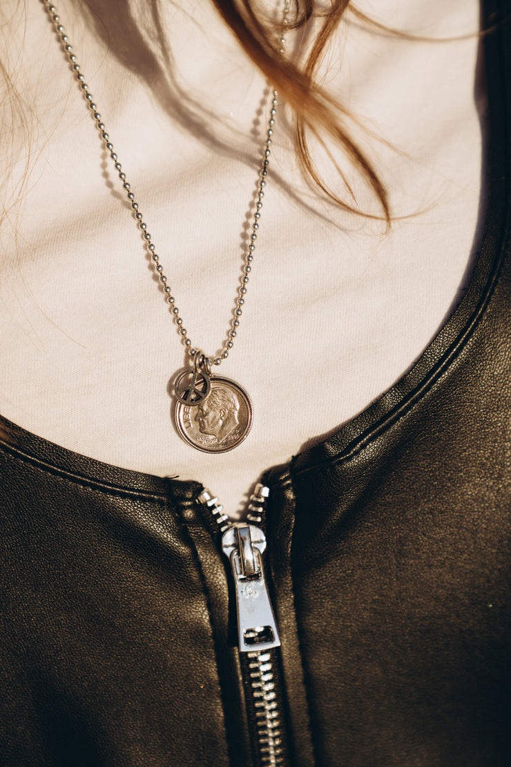Heavenly Dime With Peace Charm Necklace on 24" ball chain.