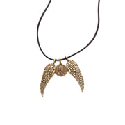 Petite Penny and  Wings Necklace Yellow Bronze on Leather Cord