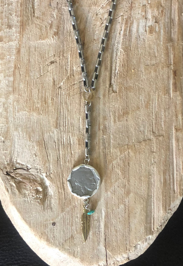 American West Sterling Box Chain Lariat with Feather